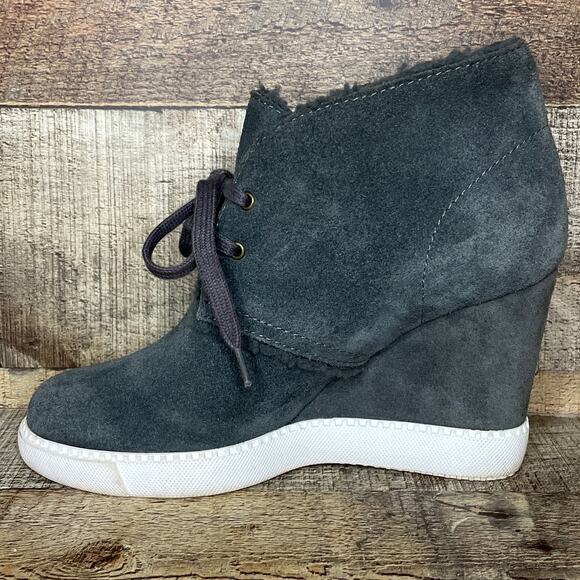 See By Chloe Lea Wedge Booties Gray Suede Sherpa Ankle Boots Booties Size 38 8 - Picture 6 of 11